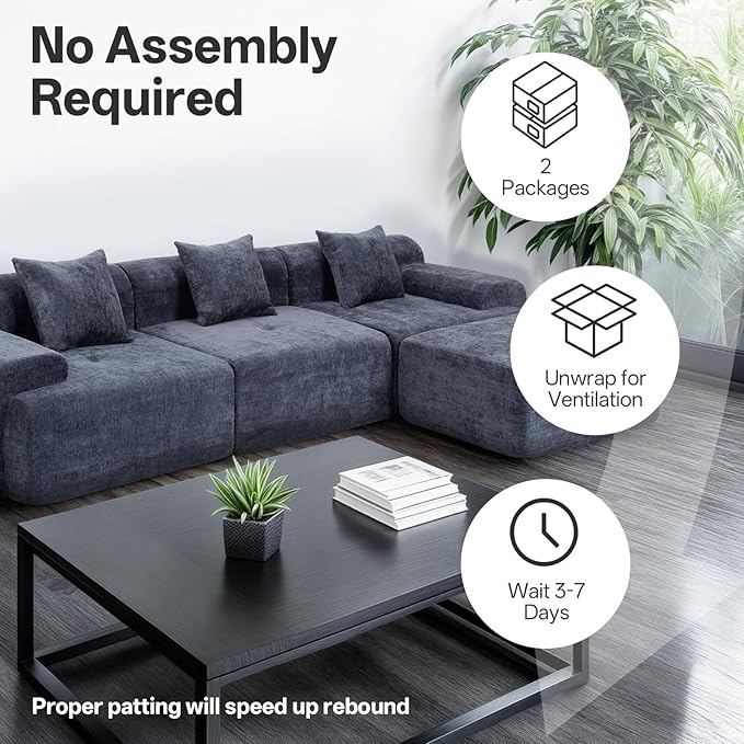 119’’ Modular Sectional Sofa, Cloud Sectional Couch with Deep Seat, Modern Modular Compression Sofa Couch with Chaise, Upholstered Couches, Throw Pillows for Living Room Bedroom, Blue