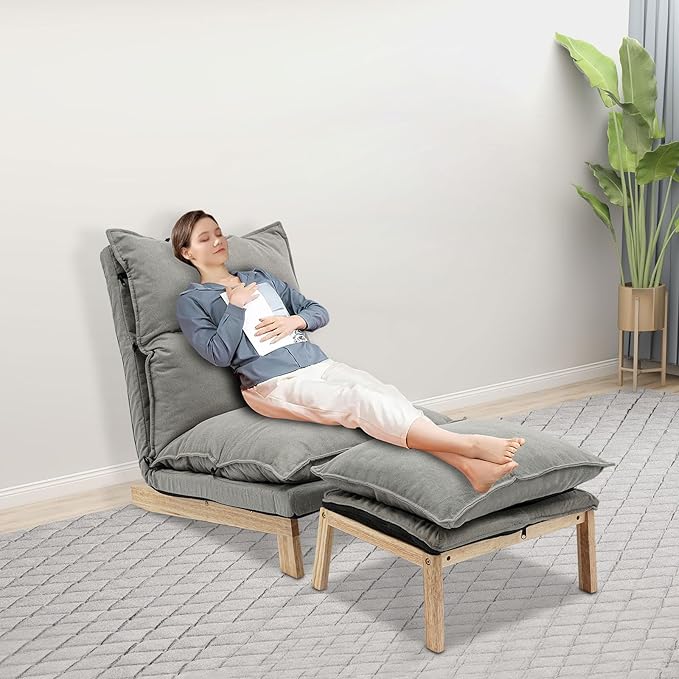 Single Lazy Leisure Chair, Adjustable Recliner Balcony Reclining Japanese Tatami Chair with Ottoman, Floor Seating Lounge Chair with Backrest and Footrest, Upholstered Chair for Living Bedroom (Grey)