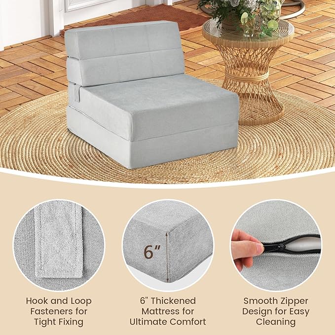 RELAX4LIFE Folding Sofa Bed Chair - 3-in-1 Convertible Couch Sleeper, Floor Futon Couch w/Removable Cover & Full Padded Foam, Fabric Guest Sleeper Chair for Living Room, Study, Apartment (Grey)