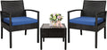 PAOLFOX 3 Piece Outdoor Patio Furniture Sets, Rattan Conversation Set with Soft Cushion, Wicker Chairs with Coffee Table for Yard Backyard Lawn Porch Poolside Balcony, Blue