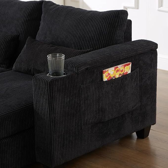 Merax Modern 37.4" Convertible Chaise Lounge with USB Ports, Phone & Cup Holders, Corduroy Upholstered Sleeper Sofa Bed, Recliner Chair w/Pillows for Living Room Bedroom,Black