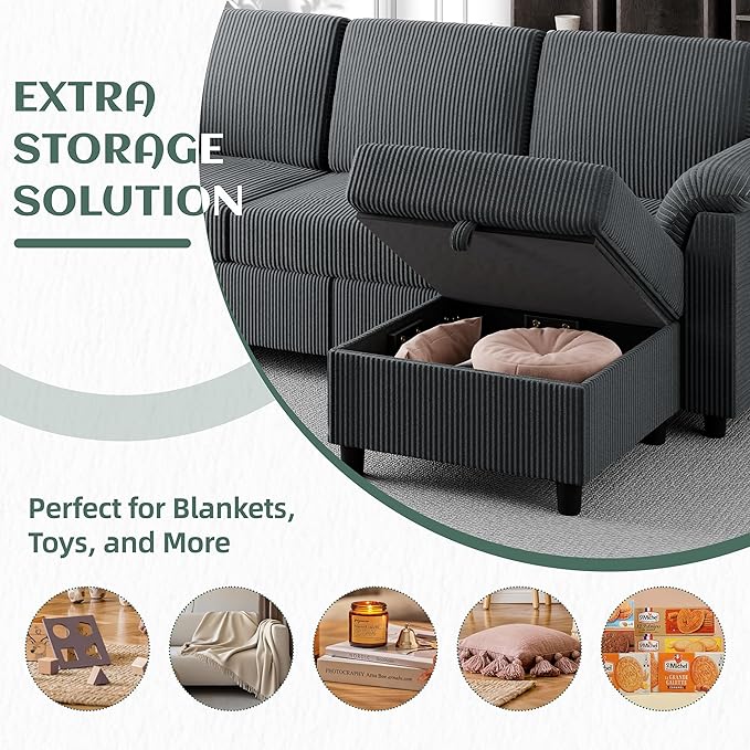 Vongrasig Convertible Sectional Sofa Couch, 3 Seat L Shaped Sofa with Removable Pillows Soft Corduroy Fabric Small Couch Mid Century for Living Room, Apartment and Office (Gray)