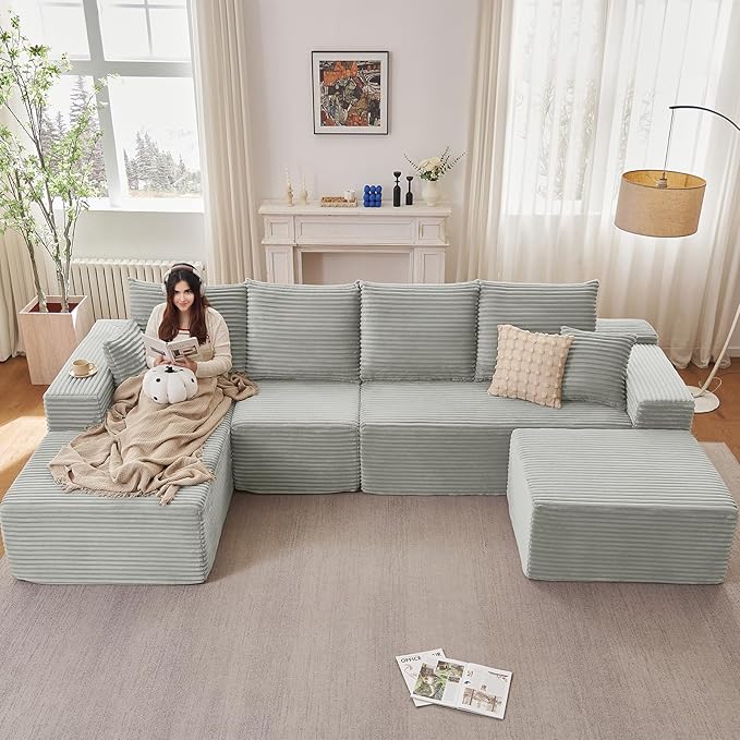 Lakifun 135" L-Shape Sofa with Ottoman, Modern Modular Sectional Comfy U-Shape Cloud Couch, Deep Seat, Upholstered Corduroy Sleeper Chaise Longue for Living Room Bedroom, No Assembly Required, Grey