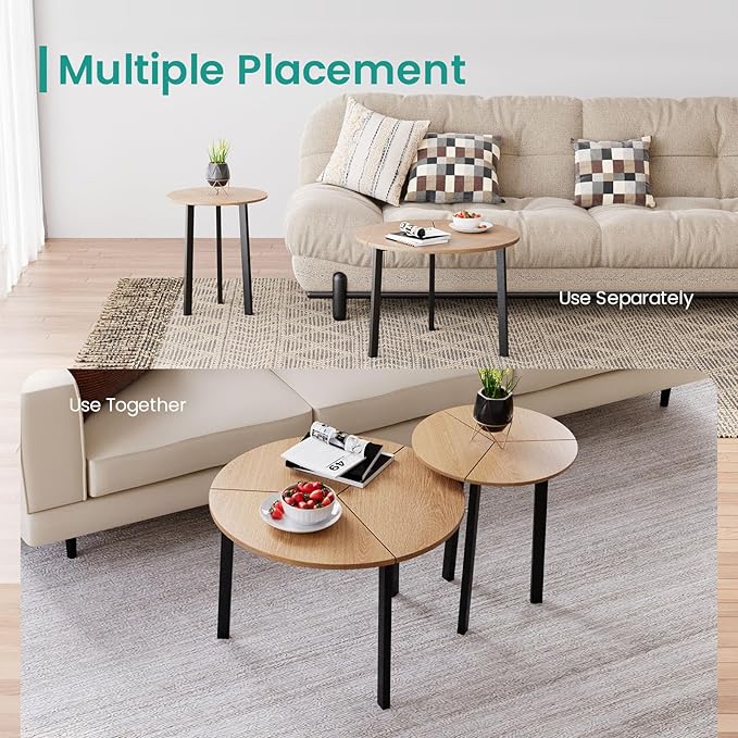 SUNBURY Coffee Table Nesting Wood Set of 2, Round Coffee Table 23.6", Side Tables for Living Room Bedroom Balcony Yard