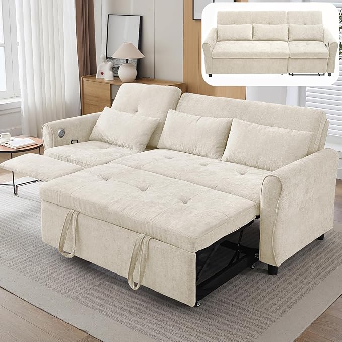 Gagawin 2 in 1 Convertible Sofa Bed with Reversible Recliner, Chenille 3-Seater Couch Sleeper with Pull Out Bed & Adjustable Backrest & Dual USB Charging Ports for Living Room, Beige