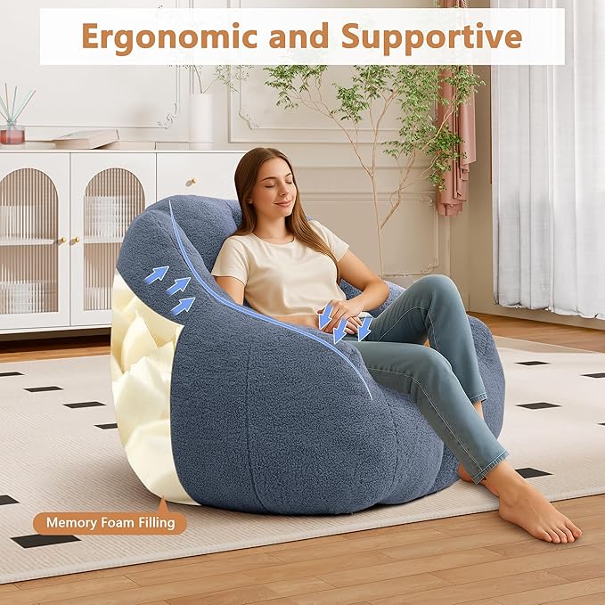 Setawix Bean Bag Chair with Filler, Comfy Teddy Bean Bag Chairs for Adults and Kids, Cozy BeanBag Sofa Fully Floor Couch with Memory Foam for Living Room Bedroom,Light Blue