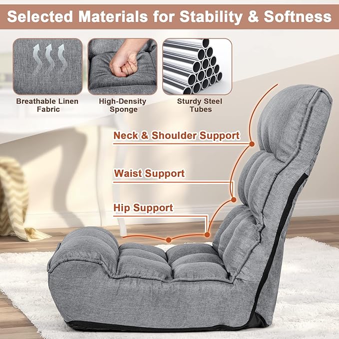 MAT EXPERT Folding Floor Chair, Floor Gaming Chair w/ 4-Position Backrest, 5-Position Adjustable Headrest, Side Pocket, Indoor Floor Chair w/Back Support for Bedroom, Living Room (Grey)