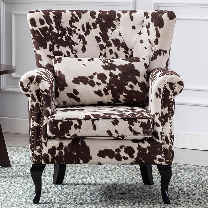 Janoray Mid Century Modern Accent Chair Upholstered Armchair Comfy Cowhide-Print Fabric Single Sofa with Tufted Wingback for Small Spaces Bedroom Living Room, Cow