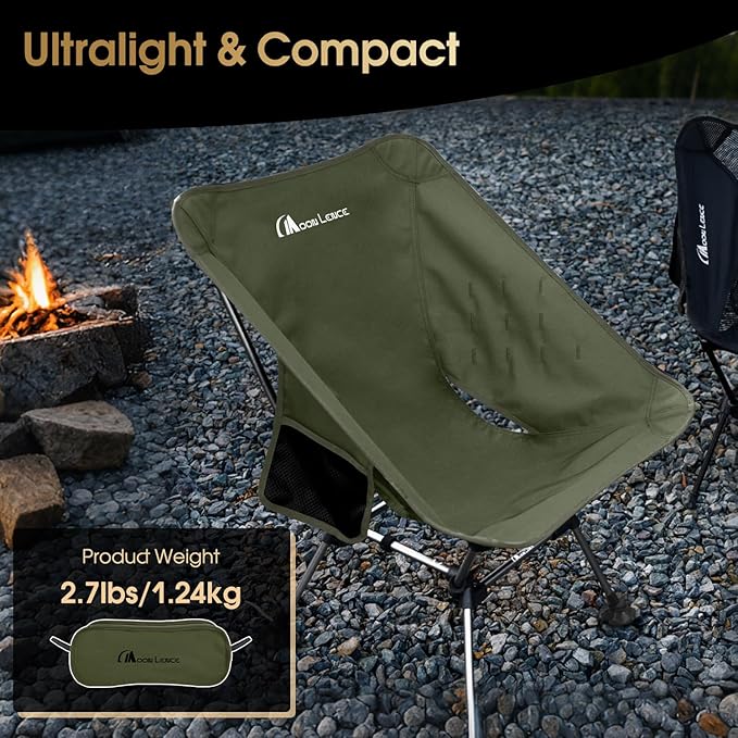 MOON LENCE Camping Chair Plus, Upgraded Comfort & Size, Still Compact and Lightweight, Folding Portable Chair for Backpacking & Hiking, 400Lbs Capacity, Gen 3 Plus (Green with Groundgrip Feet (Plus))
