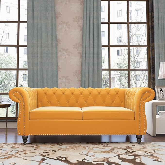QHITTY Accent Sofa, Chesterfield Loveseat Modern Velvet Couch Upholstered Sofa with Tufted Back for Living Room Furniture (Mango)