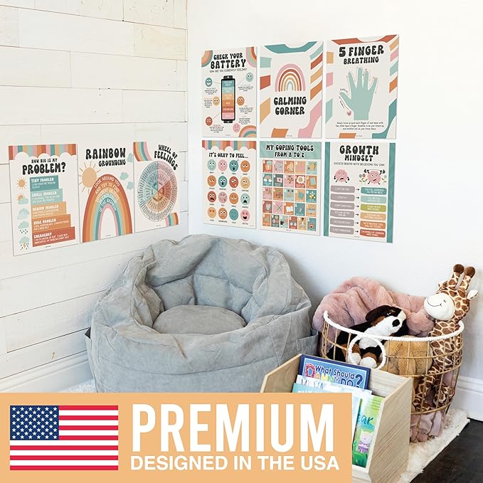 Hadley Designs 9 Calming Corner Posters For Classroom Must Haves For Teachers -11x14 Calm Down Corner Supplies, Feelings Chart For Kids Ages 4-8, Feelings Wheel Poster, Retro Classroom Decor