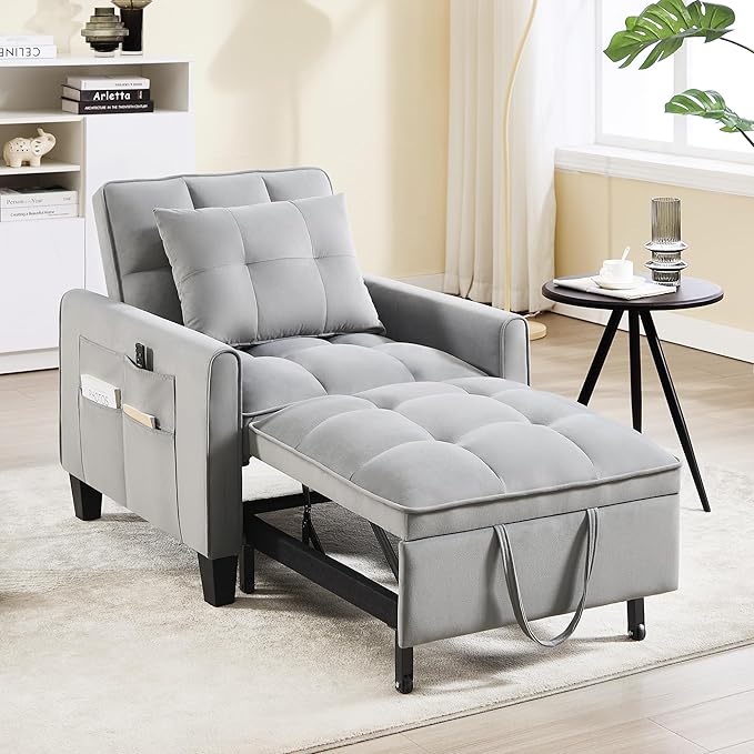 choairy Convertible Sleeper Chair, 3 in 1 Sleeper Chair Bed Pull Out Sofa Bed Chairs, Velvet Single Sofa Beds with Adjustable Backrest for Adults Reading Living Room, Bedroom, Light Grey