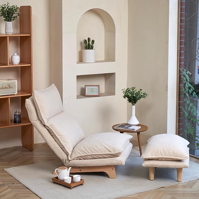Floor Chair Single Lazy Sofa Leisure Balcony Reclining Japanese Tatami Adjustable Recliner with Ottoman for Living Room, Bedroom, Indoor Use (Stacked Footstool, Beige)