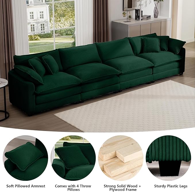 Aoowow Corduroy 4 Seater Sofa Couch,Modern Large Cloud Couches for Living Room,Tufted Modular Sectional Cloud Sofas with Deep Seat,Oversized 4 Seat Sofa Set (Green, 4 Seater)