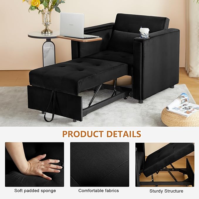 ORRD Convertible Chair Bed, 3-in-1 Multi-Functional Velvet Sleeper Sofa Pull-Out Couch Chair Bed with Adjustable Backrest and Hidden Side Table for Living Room, Small Space, Apartment (Black)
