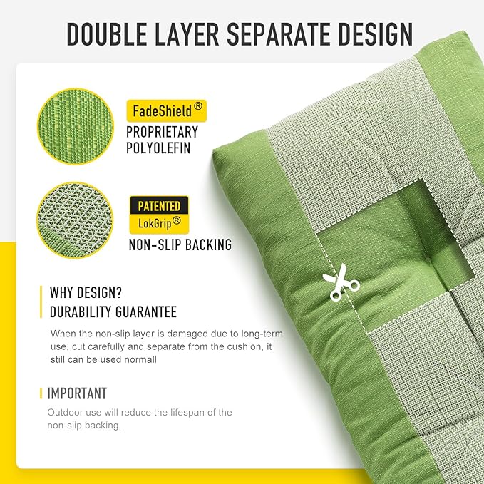 SUNROX LokGrip Non Slip Tufted Memory Foam Bench Cushion, FadeShield Water Resistant Durable Thicken Outdoor/Indoor Bench Seat Pads 48x16x4 inch, Apple Green