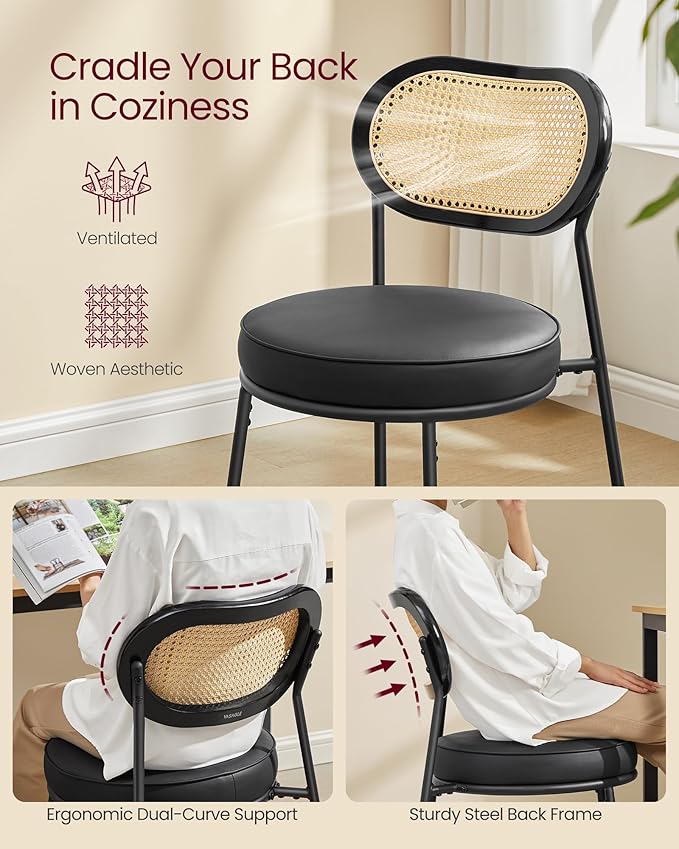 VASAGLE Dining Chairs, Set of 6 Accent Chair for Dining Room Kitchen, with Boho PE Rattan Back, Synthetic Leather Upholstery, Ink Black ULDC160B26