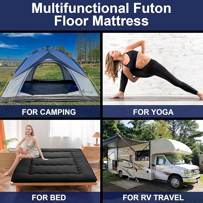Japanese Floor Mattress,Thicken Japanese Floor Sleeping Pad Foldable,Roll Up Tatami Mat Easy to Store and Portable,Futon Mattress Suitable for Camping and Guest Room (Black, Full (80" X 47"))