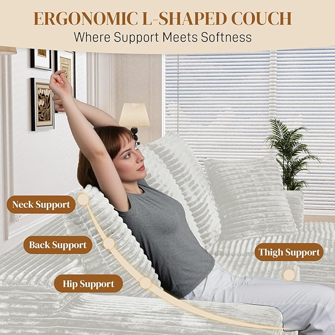 108" Boneless Cloud Sectional Couches for Living Room, Comfy Fluffy L Shaped Memory Foam Deep Seat Boneless Couch, Modular Sectional Sofa with Right Facing Chaise, White