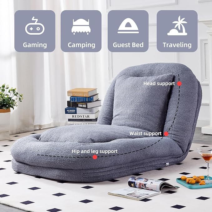 Elevate Your Leisure Time with Grey Folding Sofa Chair - 5 Adjustable Positions for Gaming, Meditation & More!