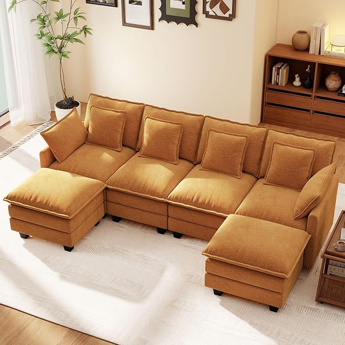 Ihanherry U Shaped Modular Sectional Cloud Sofa, 106" Modern 6 Seat Chenille Couch with Ottoman for Living Room, Bedroom and Apartment, Orange
