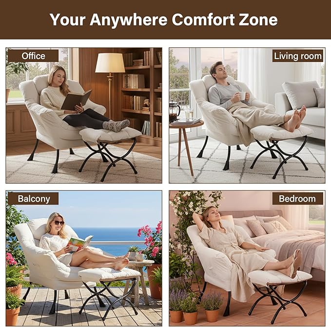 Welnow Lazy Chair with Ottoman, Modern Lounge Accent Chair with Armrests and a Side Pocket, Leisure Sofa Armchair, Reading Armchair with Footrest for Small Space, Beige