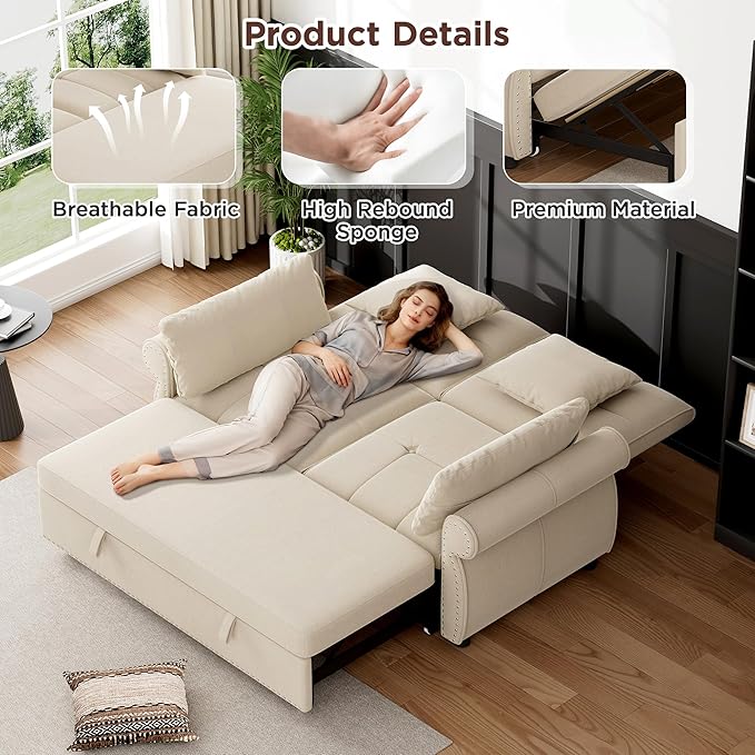 3 in 1 Sofa Bed, 61 Inch Convertible Pull out Couch with Four Pillows, Loveseat Sleeper Sofa with Adjustable Backrest, Sofa Couches for Living Room, Bedroom, Apartment, Chenille Fabric, Beige