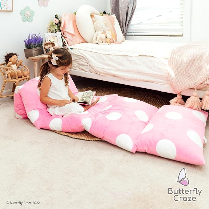 Butterfly Craze Floor Pillow Case, Mattress Bed Lounger Cover, Polka Pink, Queen Size - Cozy Seating Solution for Kids & Adults, Recliner Cushion, Perfect for Reading, TV Time (Pillow Not Included)