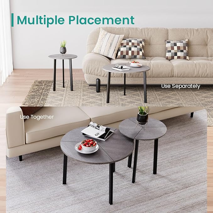 SUNBURY Coffee Table Nesting Grey Set of 2, Round Coffee Table 23.6", Side Tables for Living Room Bedroom Balcony Yard