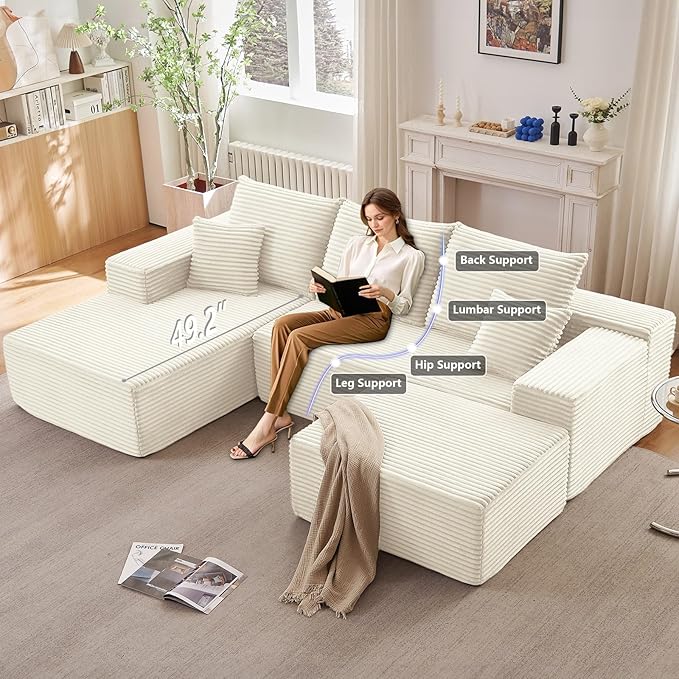Lakifun 107" L-Shape Sofa with Ottoman, Modern Modular Sectional Comfy U-Shape Cloud Couch, Deep Seat, Upholstered Corduroy Sleeper Chaise Longue for Living Room Bedroom, No Assembly Required, White