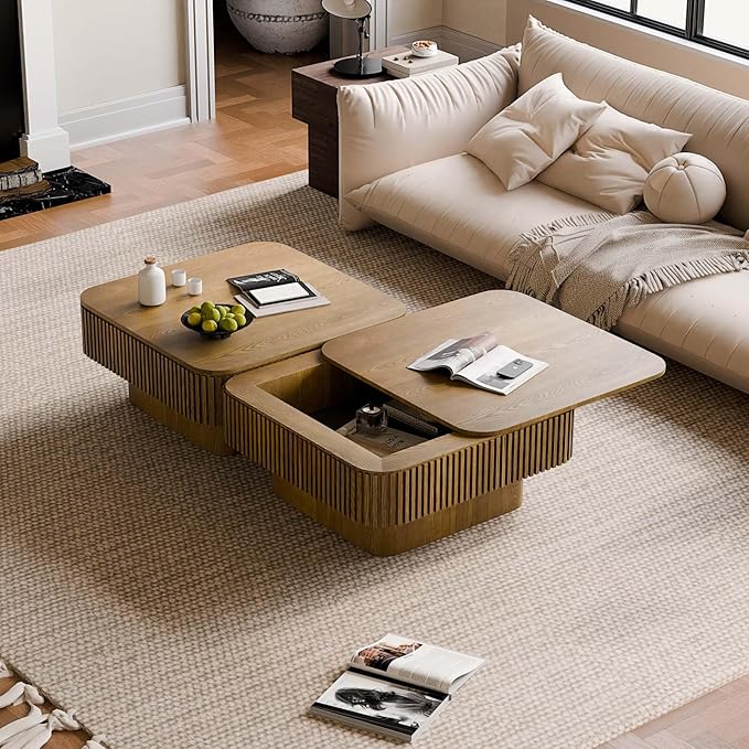 FGXJY Square Small Coffee Table with Storage, Modern Wooden Coffee Table with Solid Wood Veneered, Fluted Center Table Drum Tea Table for Living Room Apartment, 31.5''L×31.5''W×14''H