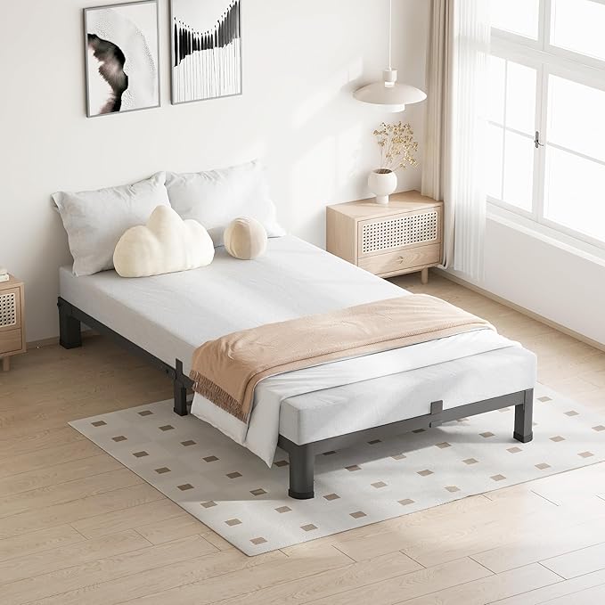 VIPSHOW 4 Inch Twin Size Bed Frame, 3500Lbs Heavy Duty Metal Platform with Round Corner Legs Mattress Slide Stopper, Steel Slat Support No Box Spring Needed, Noise Free, Non-Slip, Easy Assembly