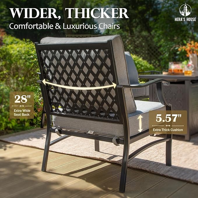HERA'S HOUSE Outdoor Chairs Set of 2, 2 x Patio Chair with Grey Cushions, All Weather Outdoor Furniture for Lawn Garden Backyard Deck(Leg Chairs)