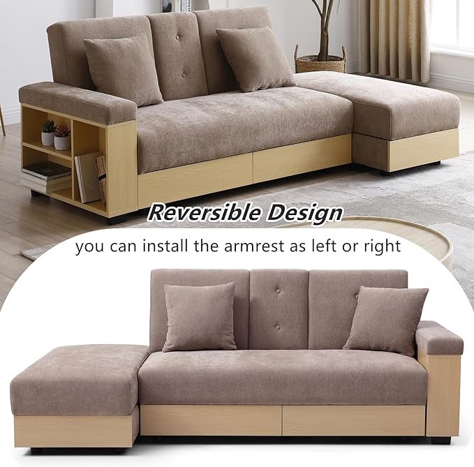 Roockky Convertible Sofa Bed, 85" Folding Sectional Sleeper Sofa with Storage Ottoman, Drawers, Built-in Bookshelves and 2 Cup Holders, Linen (Brown)