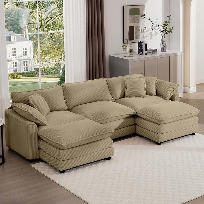 Aoowow Corduroy 3 Seater Couch with Ottomans,Modern Large Cloud Couches for Living Room,U Shaped Modular Sectional Cloud Sofas Deep Seat,U Shape Oversized Tufted Sofa Set (Tan, 3 Seater + 2 Ottoman)