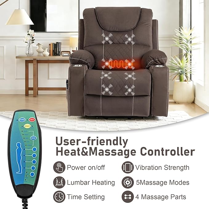 Oversized Power Lift Recliner Chair for Big and Tall 400 LBS, 26" Large Electirc Recliner Chair with Massage and Heating, Lay Flat Zero Gravity Recliner Sofa, Velvet, Coffee Brown