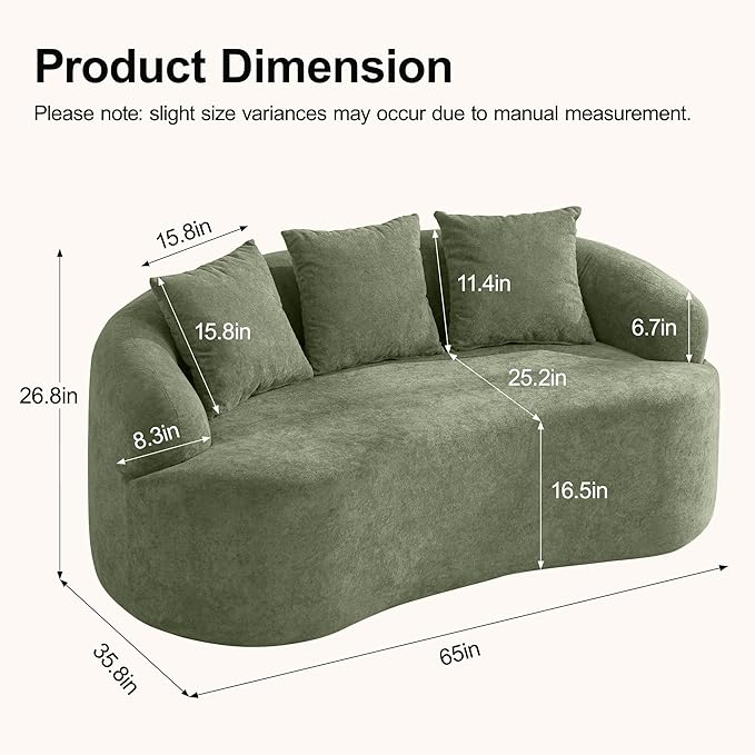 Abbrevi 65" Curved Loveseat Sofa, Deep Seat Love Seat Couches with 3 Throw Pillows, Modern 2 Seater Boneless Curved Couch, Compressed Floor Sofa for Living Room Small Spaces, No Assembly, Green
