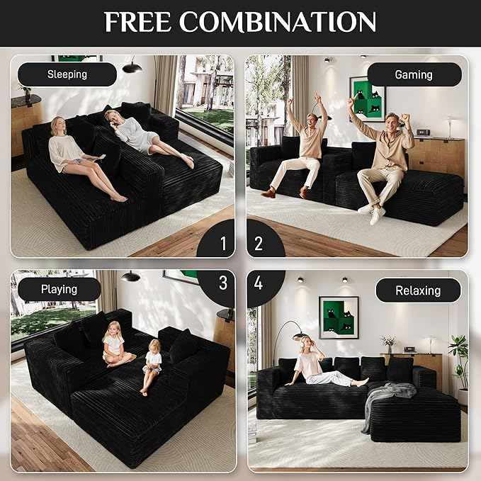 Modular Sectional Sofa, 107" L Shaped Cloud Couch Plush Corduroy Deep Seat Boneless Sofas with 5 Pillows Long Chaise Lounge Couches Memory Foam for Living Room - Black, Right Facing Chaise