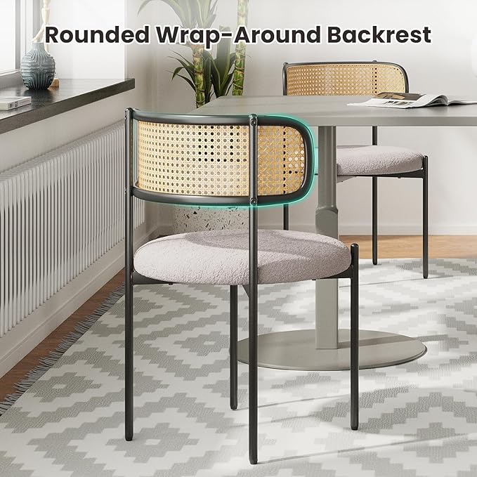 Farini Dining Chairs Set of 2,Mid-Century Modern Kitchen Chair Rattan Backrest Round Upholstered Sherpa Dining Chairs with Metal Legs,Light Grey