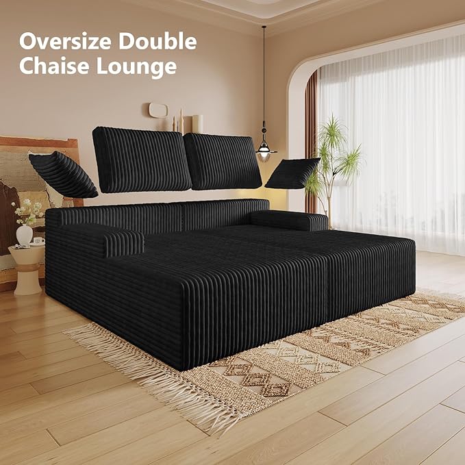 Oversized 80" Double Chaise Lounge Chair Futon Sofa Bed Boneless Cloud Couch Sleeper Sofa, Flannel Upholstered Floor Sofa Modular Sectional Loveseat with 2 Throw Pillow & Backrest Pillow, Black