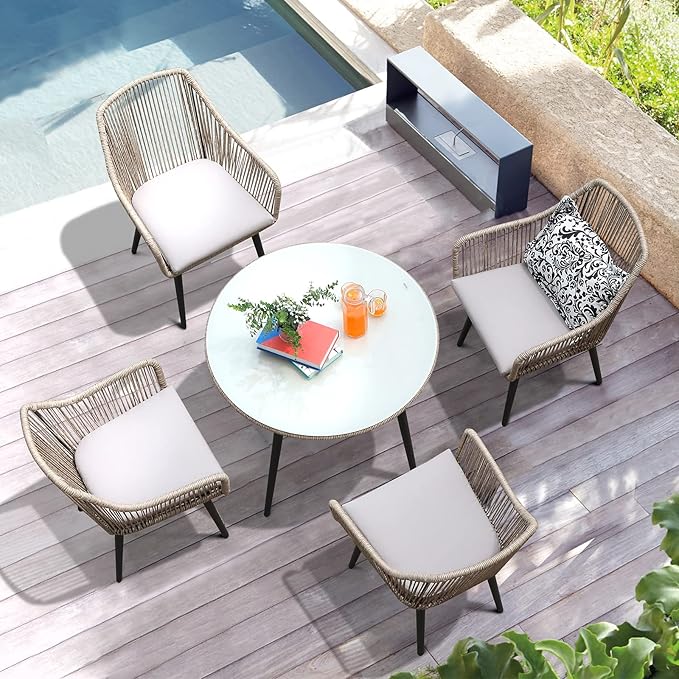 Patiorama Outdoor Dining Chairs, Patio Dining Chair Set of 2, All-Weather Woven Rope Rattan Chairs, Outdoor Dining Wicker Chairs with Armrests for Indoor Balcony Pool Backyard(Tan)