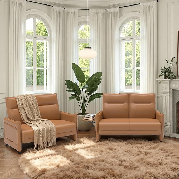 Faux Leather Loveseat, Upholstered Loveseat with Hidden Foldable Tray & Side Pocket, Front Contour Arm Design, Modern 2-Seater Sofa Couch for Compact Spaces, Brown