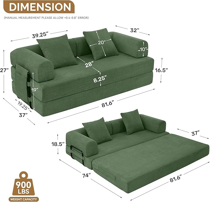 Convertible Corduroy Sleeper Sofa Bed with Cylindrical Pillows,Convertible Mattress Sofa with Fixed Shape Frame, Living Room Bedroom Lounge Studio Use Floor Sofa Lounge,Green