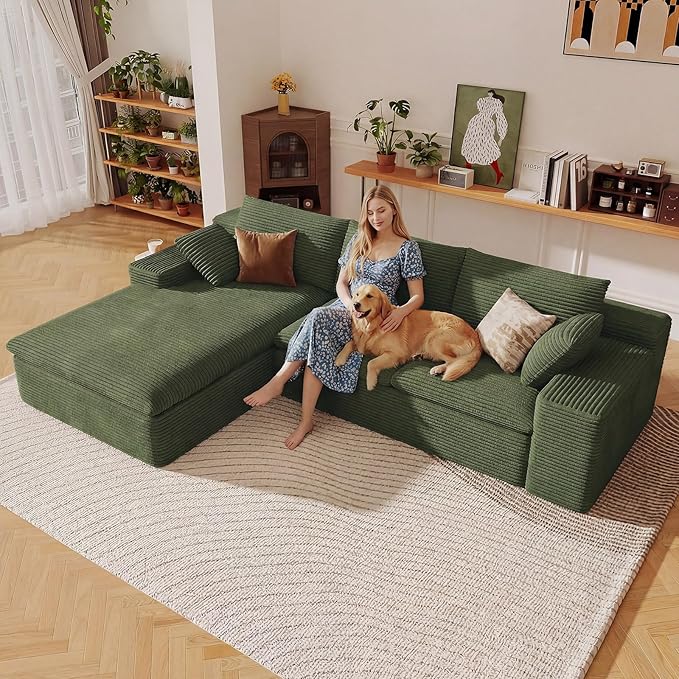 107" Cloud Sectional Couch with L-Shape Chaise, Modern Corduroy Viral Boneless Sofa for Living Room,Memory Foam Couches in a Box with Deep Seat,No Assembly Required (Green,Left-Facing Chaise)
