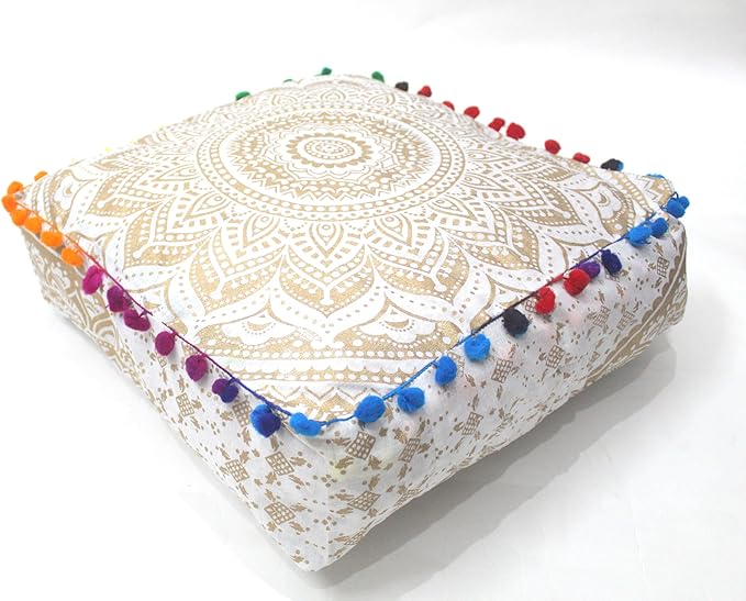 CRAFT KALA 16" Square Large Hippie Mandala Meditation Floor Ottoman Pillow Cushion Pouf Cover Square Poufs Bohemian Circle Floor Cushion Case Outdoor Fireplace Living Room Decor Cover Golden Ombre