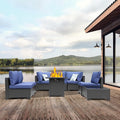 3D MATRIX 8 Pieces Patio Furniture Set with 28" Fire Pit Table, Wicker Outdoor Sectional Couch, Rattan Conversation Set for Backyard, Deck, Garden Lawn, Coffee/Blue