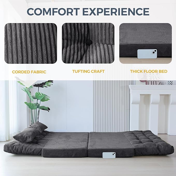 MAXYOYO Bean Bag Bed Tufted Folding Sofa Bed with Pillows Floor Mattress for Adults, Extra Thick and Long Floor Sofa, Full Couch for Bedroom Living Room, Dark Grey, 54x91 Inch