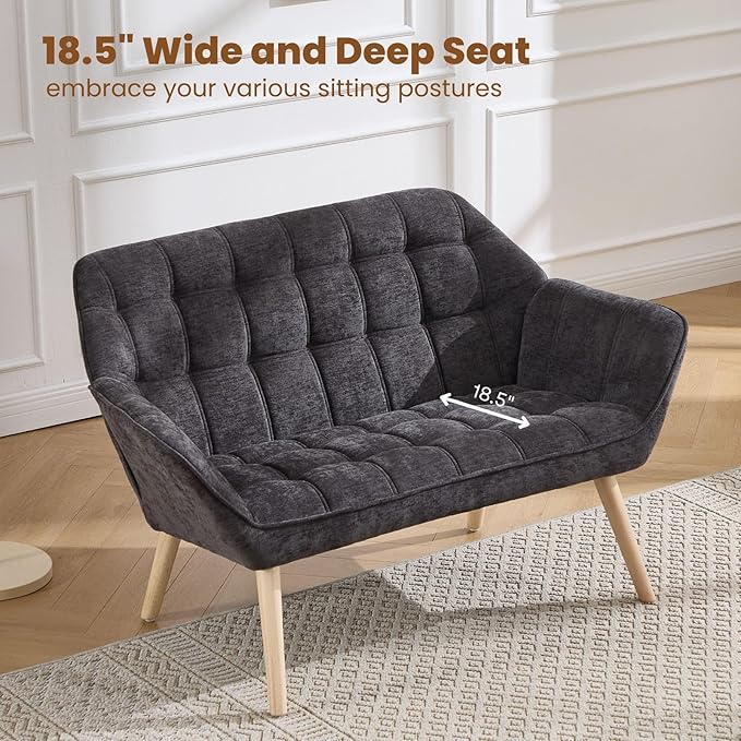 48" Small Couches for Living Room, Mid Century Modern Loveseat with Wood Legs 2-Seat Chenille Upholstered Sofa Tufted Couches for Small Space, Apartment, Dorm, Dark Gray