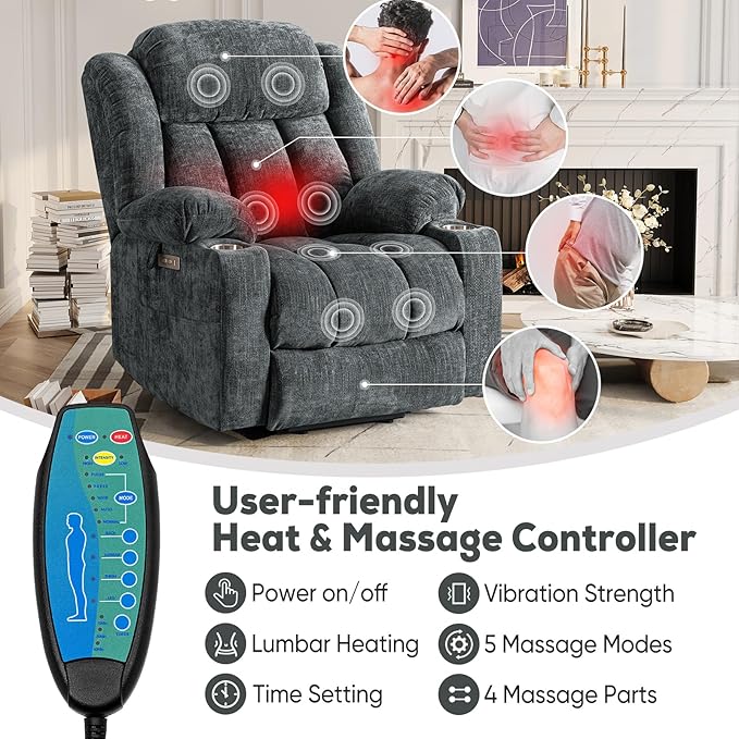 ABCASA Large Power Lift Chairs Recliners for Elderly Set of 2 with Heated and Massage, Upgraded Chenille Lift Chairs Recliners, USB-A and USB-C, Cup Holder, Side Pocket, Grey Blue