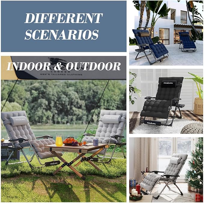 Amopatio Oversized Zero Gravity Chair with Cushion, XL Folding Outdoor Lounge Reclining Patio Chair with Tray/Footrest/Headrest for Camping Sunbathing Relaxing Reading